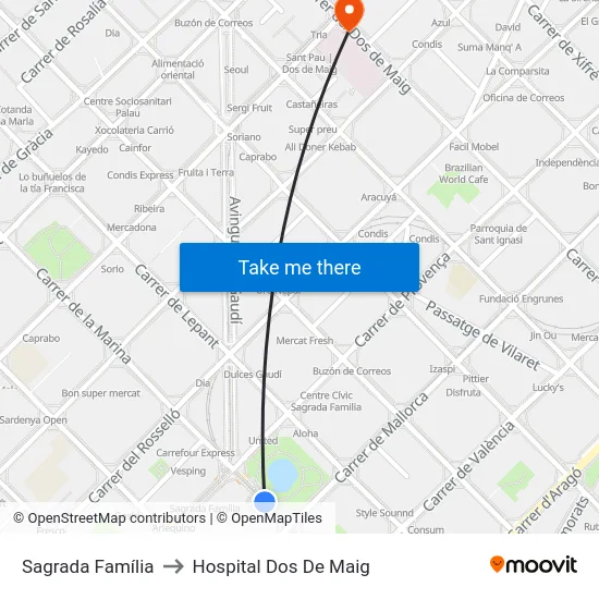 Sagrada Família to Hospital Dos De Maig map