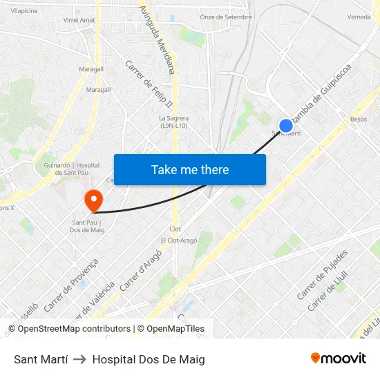 Sant Martí to Hospital Dos De Maig map