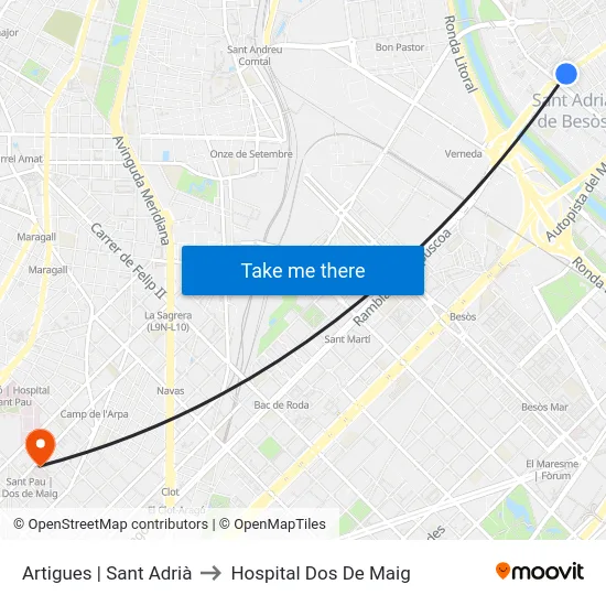 Artigues | Sant Adrià to Hospital Dos De Maig map