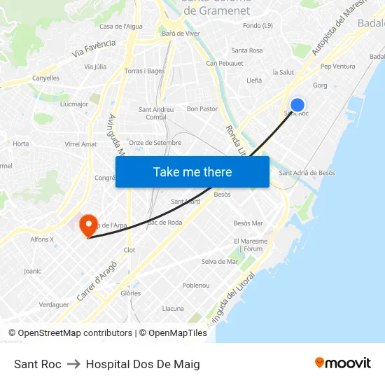 Sant Roc to Hospital Dos De Maig map