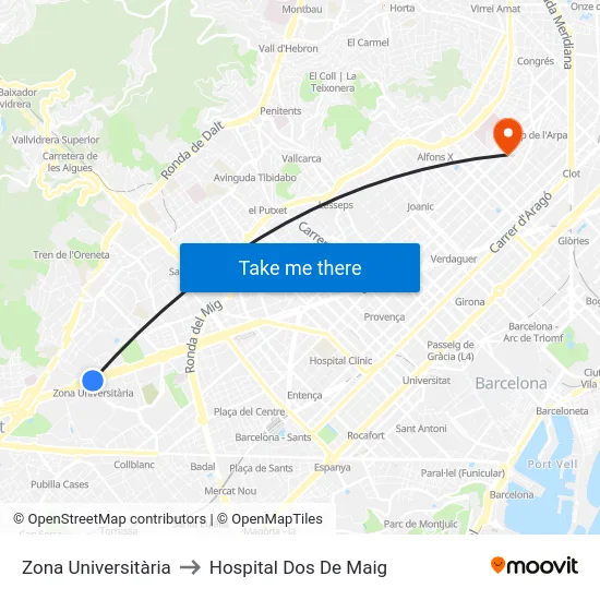 Zona Universitària to Hospital Dos De Maig map