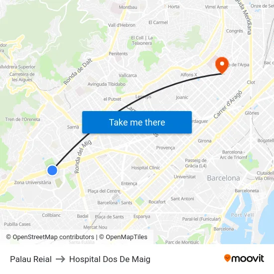 Palau Reial to Hospital Dos De Maig map