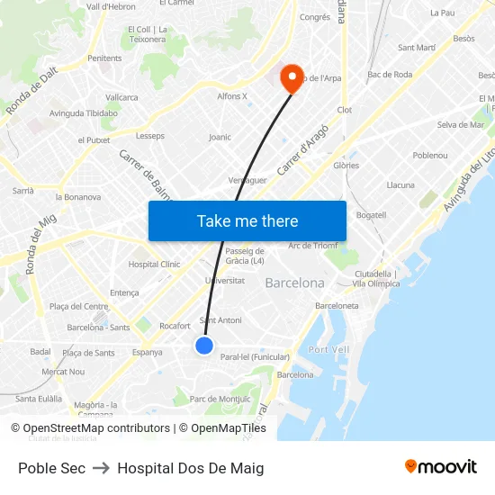 Poble Sec to Hospital Dos De Maig map