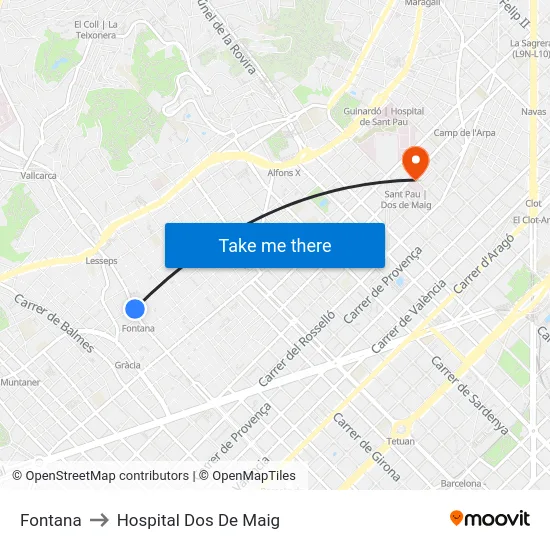 Fontana to Hospital Dos De Maig map