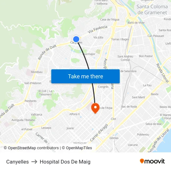 Canyelles to Hospital Dos De Maig map