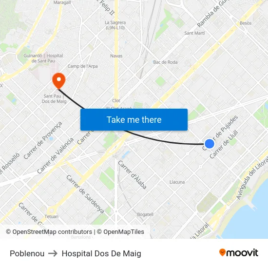Poblenou to Hospital Dos De Maig map