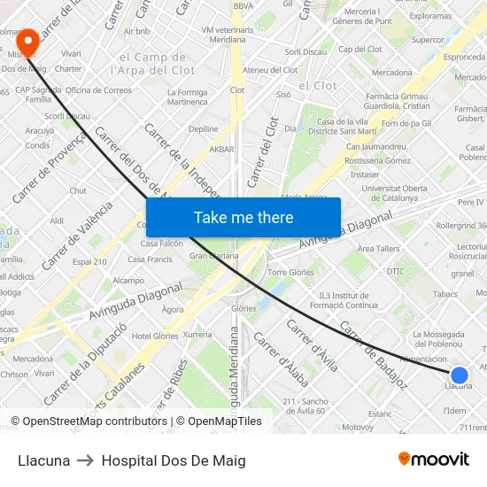 Llacuna to Hospital Dos De Maig map