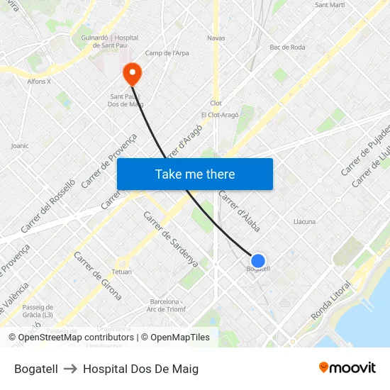 Bogatell to Hospital Dos De Maig map