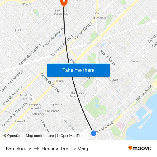 Barceloneta to Hospital Dos De Maig map