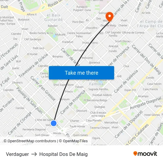 Verdaguer to Hospital Dos De Maig map