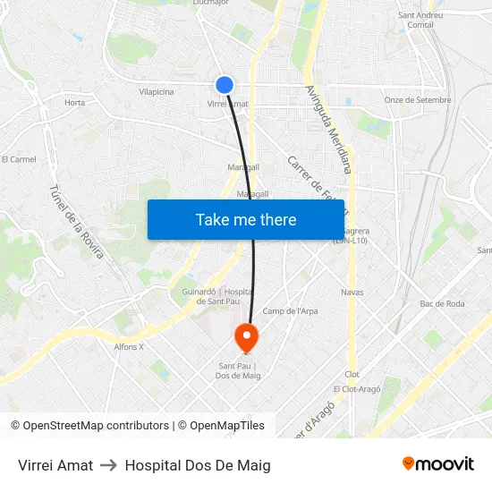 Virrei Amat to Hospital Dos De Maig map