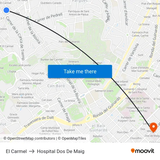 El Carmel to Hospital Dos De Maig map