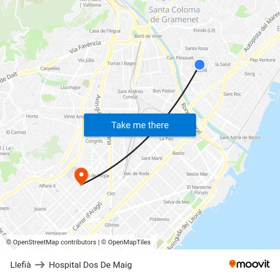 Llefià to Hospital Dos De Maig map