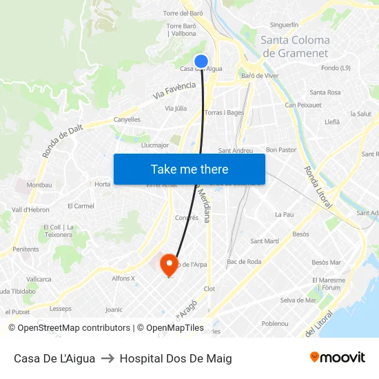 Casa De L'Aigua to Hospital Dos De Maig map