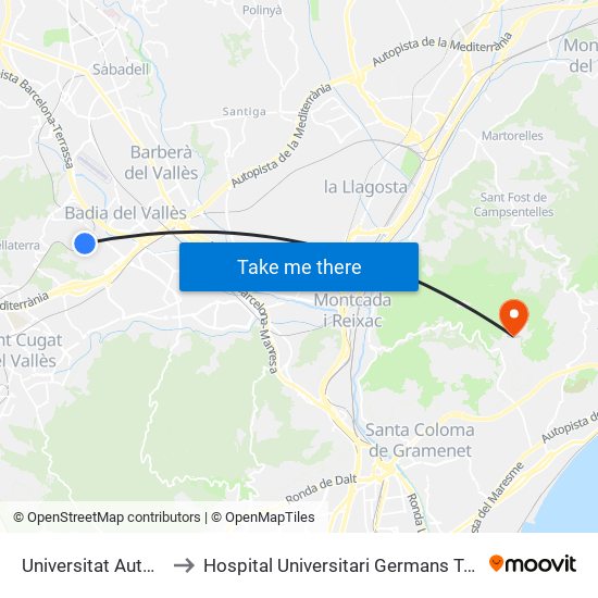 Universitat Autònoma to Hospital Universitari Germans Trias i Pujol map