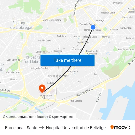 Barcelona - Sants to Hospital Universitari de Bellvitge map