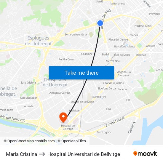 Maria Cristina to Hospital Universitari de Bellvitge map