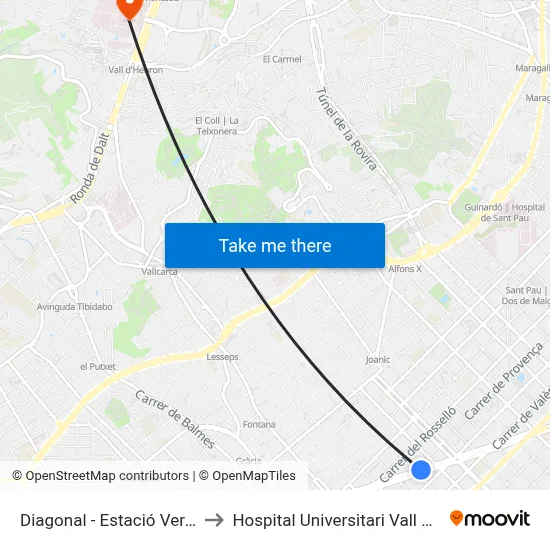 Diagonal - Estació Verdaguer to Hospital Universitari Vall d'Hebron map