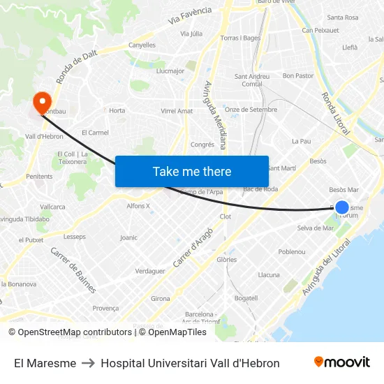 El Maresme to Hospital Universitari Vall d'Hebron map