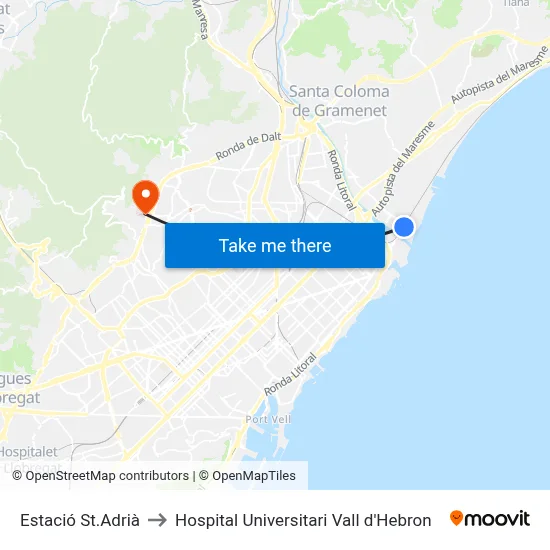 Estació St.Adrià to Hospital Universitari Vall d'Hebron map