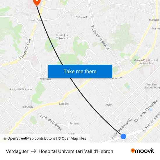 Verdaguer to Hospital Universitari Vall d'Hebron map