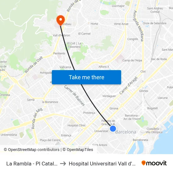 La Rambla - Pl Catalunya to Hospital Universitari Vall d'Hebron map
