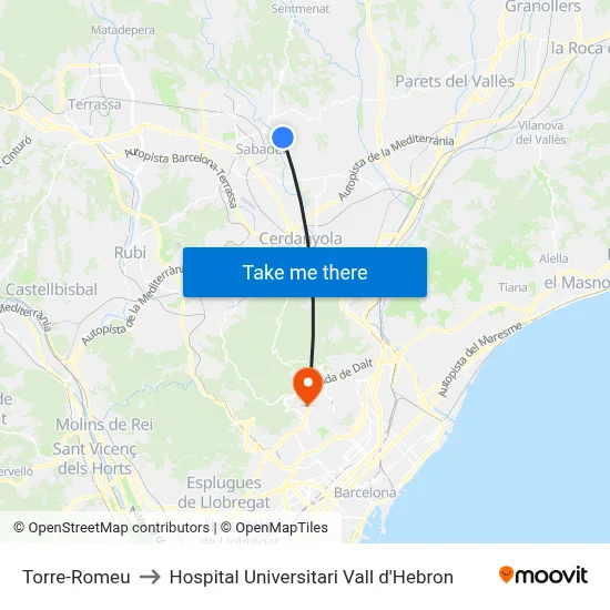 Torre-Romeu to Hospital Universitari Vall d'Hebron map