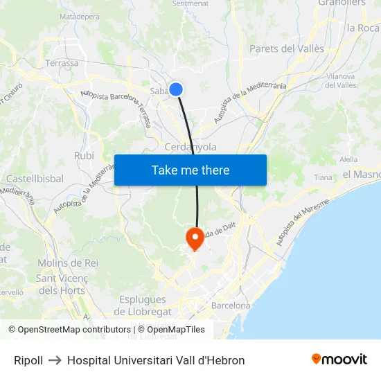 Ripoll to Hospital Universitari Vall d'Hebron map