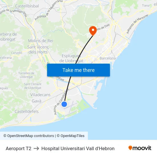 Aeroport T2 to Hospital Universitari Vall d'Hebron map