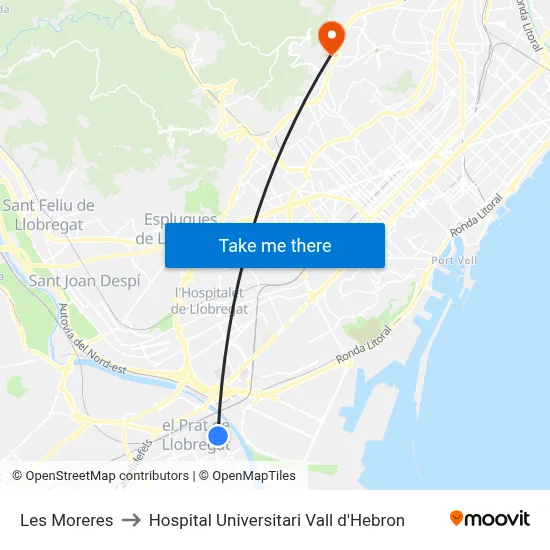 Les Moreres to Hospital Universitari Vall d'Hebron map