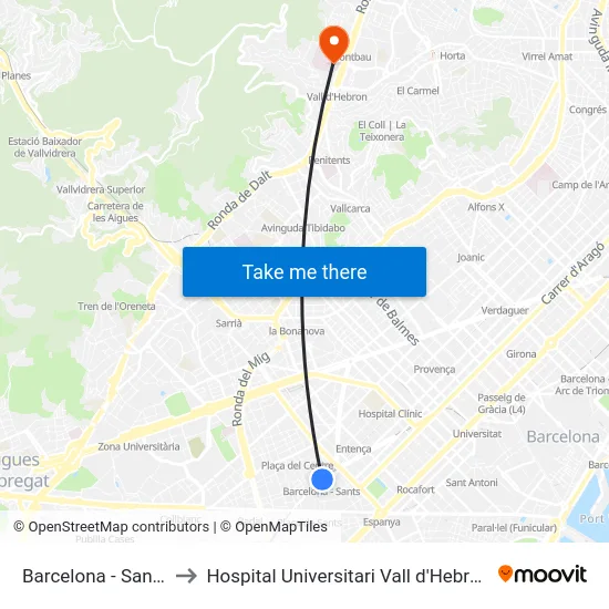 Barcelona - Sants to Hospital Universitari Vall d'Hebron map