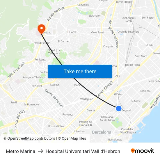 Metro Marina to Hospital Universitari Vall d'Hebron map