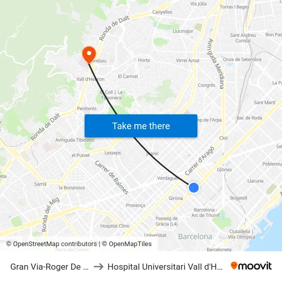 Gran Via-Roger De Flor to Hospital Universitari Vall d'Hebron map