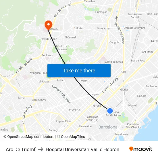 Arc De Triomf to Hospital Universitari Vall d'Hebron map