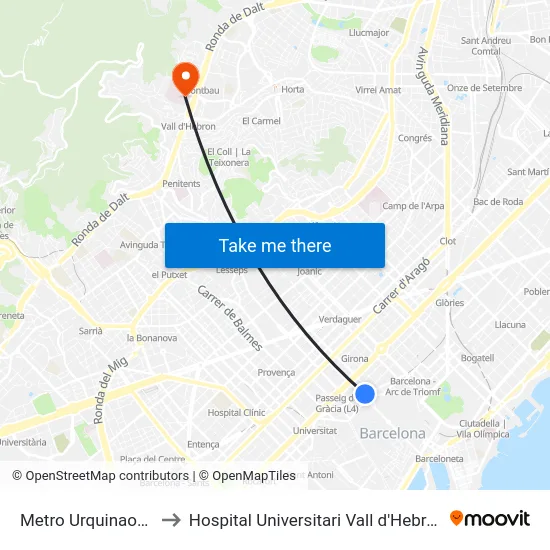 Metro Urquinaona to Hospital Universitari Vall d'Hebron map