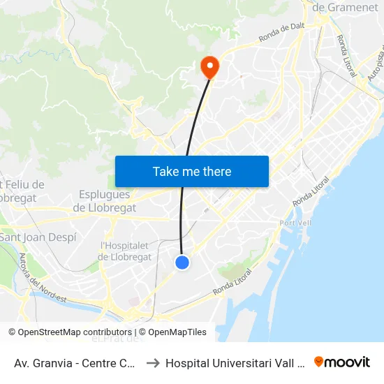 Av. Granvia - Centre Comercial to Hospital Universitari Vall d'Hebron map