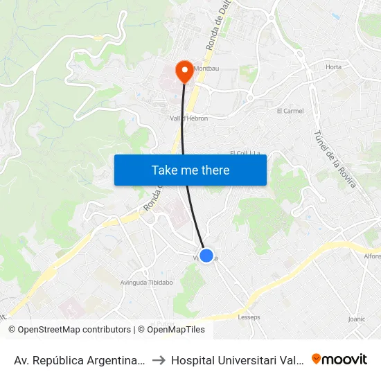 Av. República Argentina-Vallcarca to Hospital Universitari Vall d'Hebron map