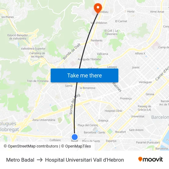 Metro Badal to Hospital Universitari Vall d'Hebron map