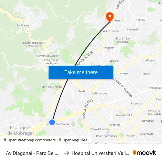 Av Diagonal - Parc De Cervantes to Hospital Universitari Vall d'Hebron map