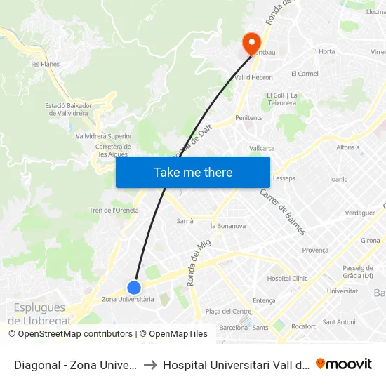 Diagonal - Zona Universitària to Hospital Universitari Vall d'Hebron map