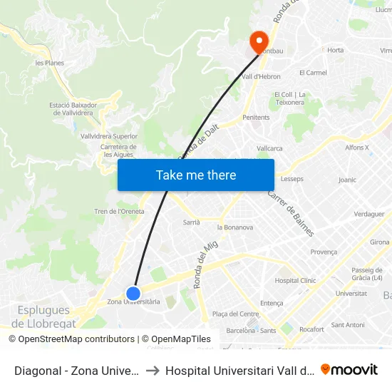 Diagonal - Zona Universitària to Hospital Universitari Vall d'Hebron map