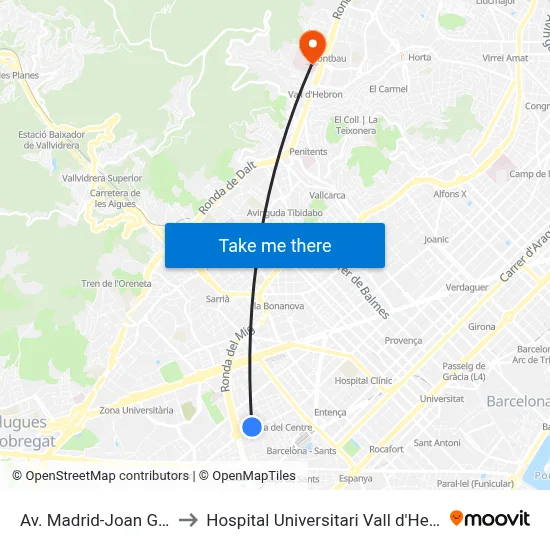 Av. Madrid-Joan Güell to Hospital Universitari Vall d'Hebron map