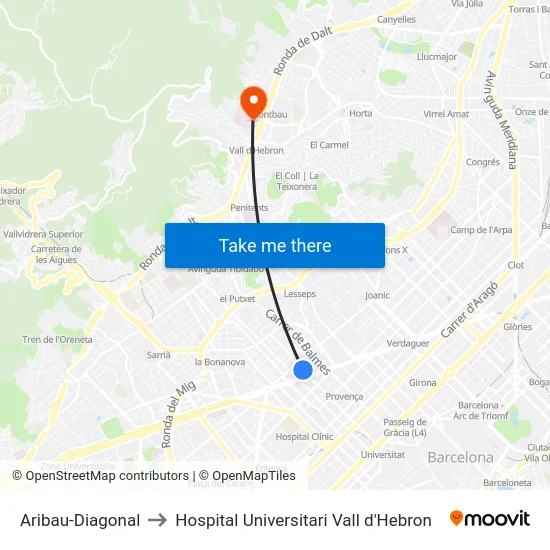 Aribau-Diagonal to Hospital Universitari Vall d'Hebron map