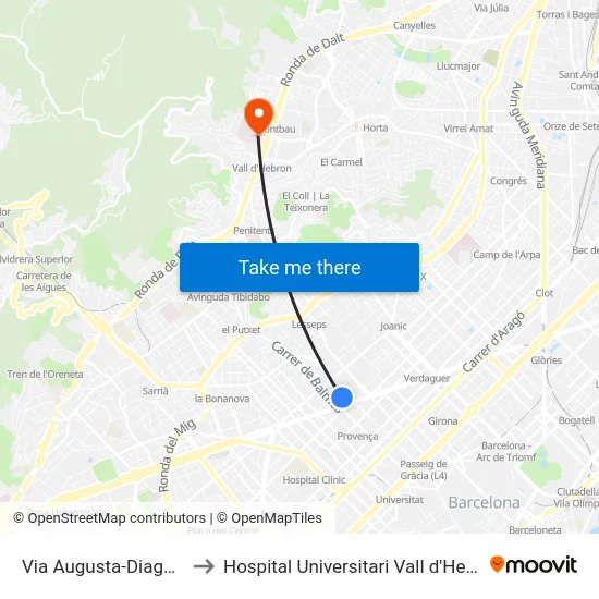 Via Augusta-Diagonal to Hospital Universitari Vall d'Hebron map