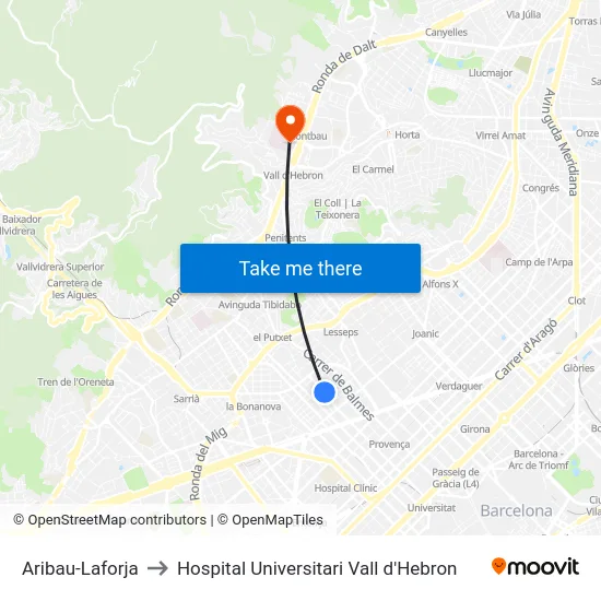 Aribau-Laforja to Hospital Universitari Vall d'Hebron map