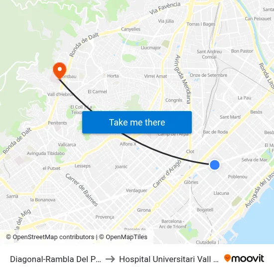 Diagonal-Rambla Del Poblenou to Hospital Universitari Vall d'Hebron map