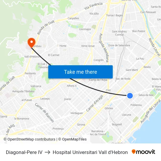 Diagonal-Pere IV to Hospital Universitari Vall d'Hebron map