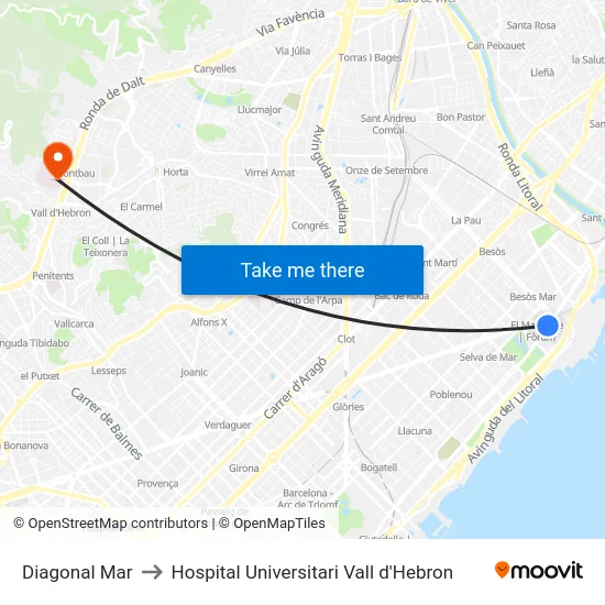 Diagonal Mar to Hospital Universitari Vall d'Hebron map
