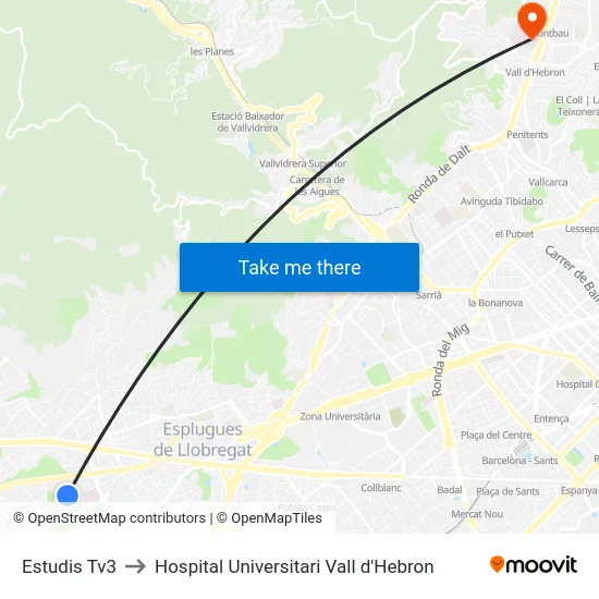 Estudis Tv3 to Hospital Universitari Vall d'Hebron map