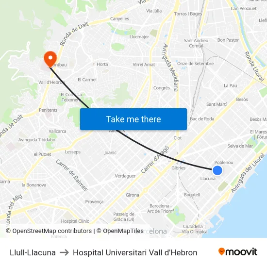 Llull-Llacuna to Hospital Universitari Vall d'Hebron map